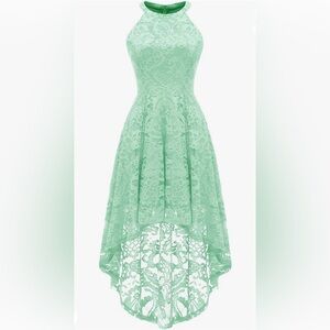 Halter Neck Floral Lace High Low Dress Mint Green Size L